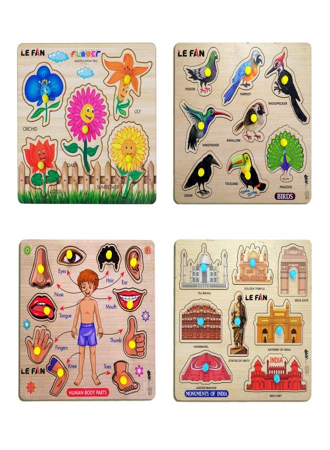 Lefan® Kids Fort Pre Nursery Educational Jigsaw Puzzles for Adults Kids Learning Toys Kit Board Game 4 pcs Set of Flower Birds Human Body Parts & Monuments of India Educational Toy - Image 1
